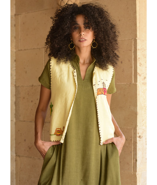 Light Yellow Hand Embroideries Linen Vest - Fatoum