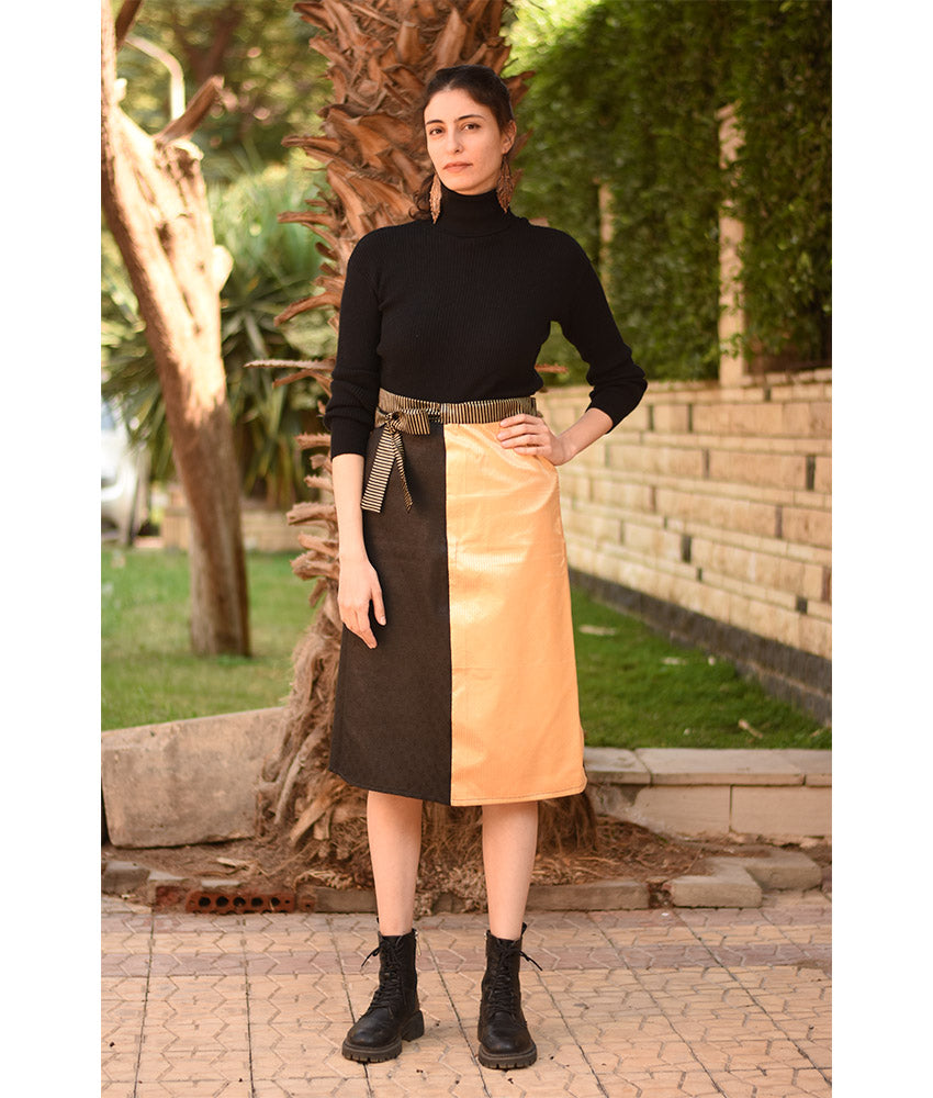 Gold, Striped Black & Yellow Silk and Cotton Loom Woven Midi Wrap Skirt handmade in Egypt & available at Jozee Boutique.