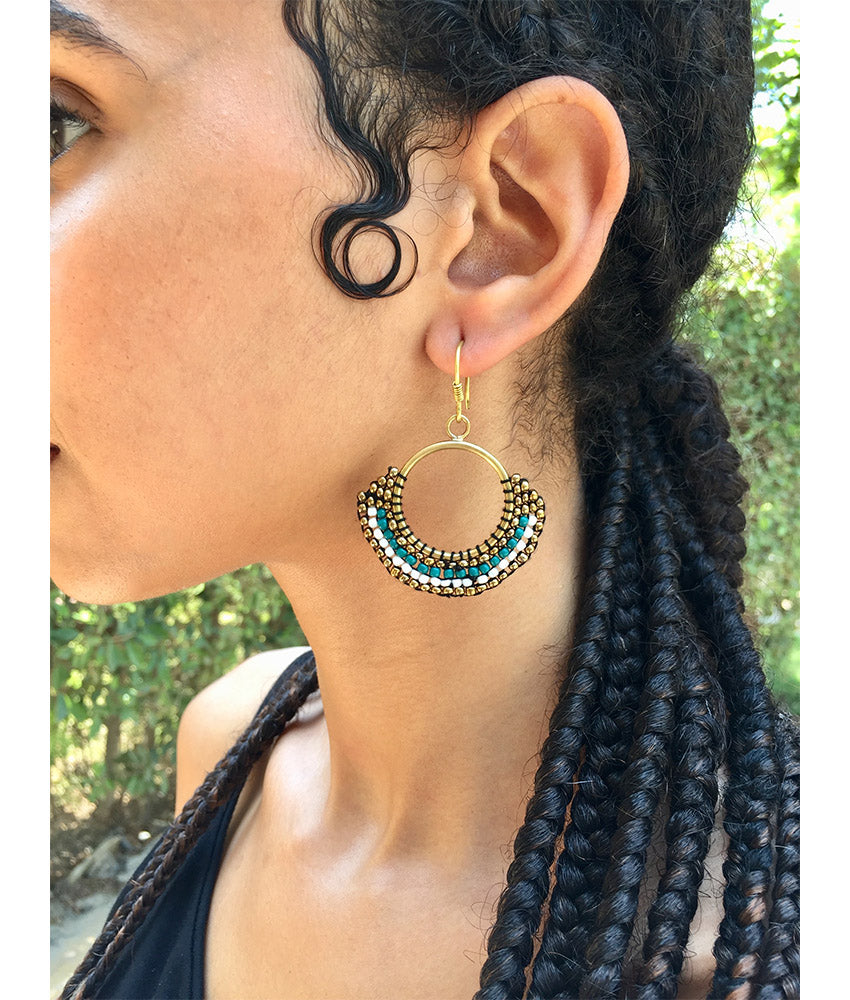 Aqua, Gold & White Beaded Copper Earrings handmade in Egypt & available in Jozee Boutique