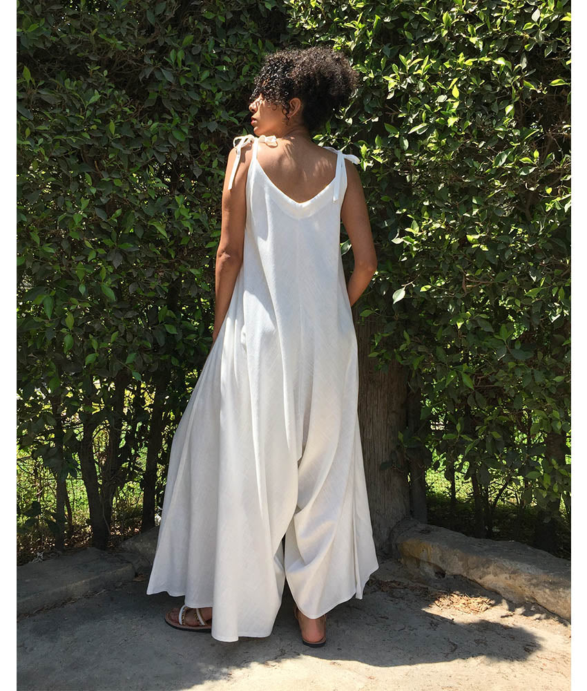 White Flowy Jumpsuit/Dress handmade in Egypt & available at Jozee Boutique.