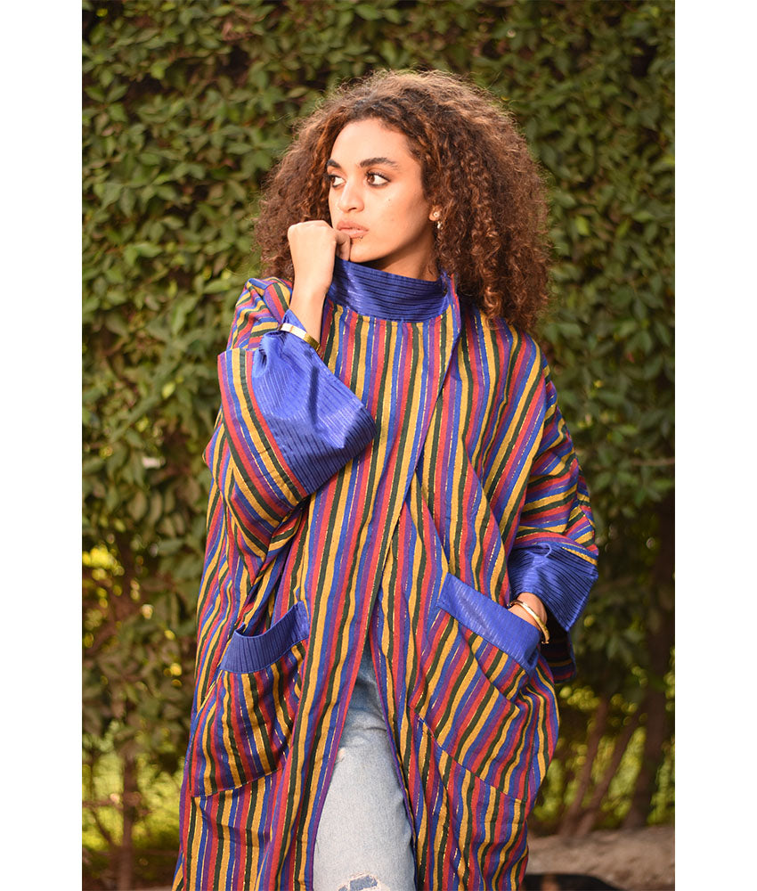 Electric Blue & Multicolored Long Double-Faced Jacket handmade in Egypt & available at Jozee Boutique.