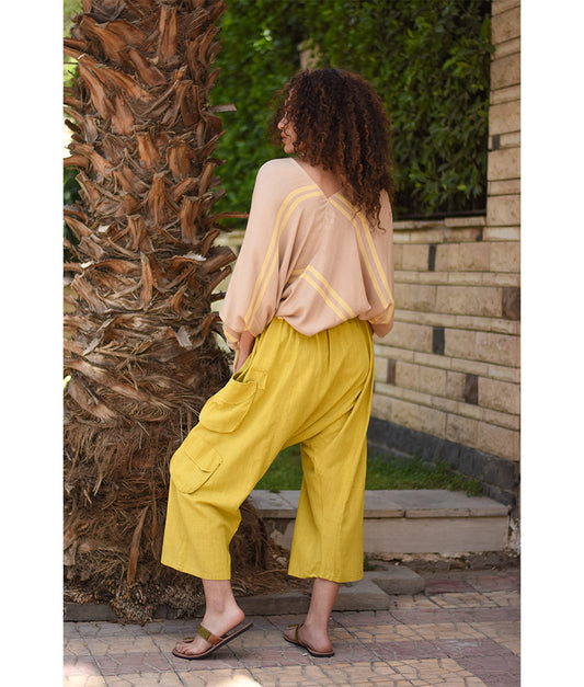 Mustard Linen Baggy Harem Pants handmade in Egypt & available in Jozee Boutique