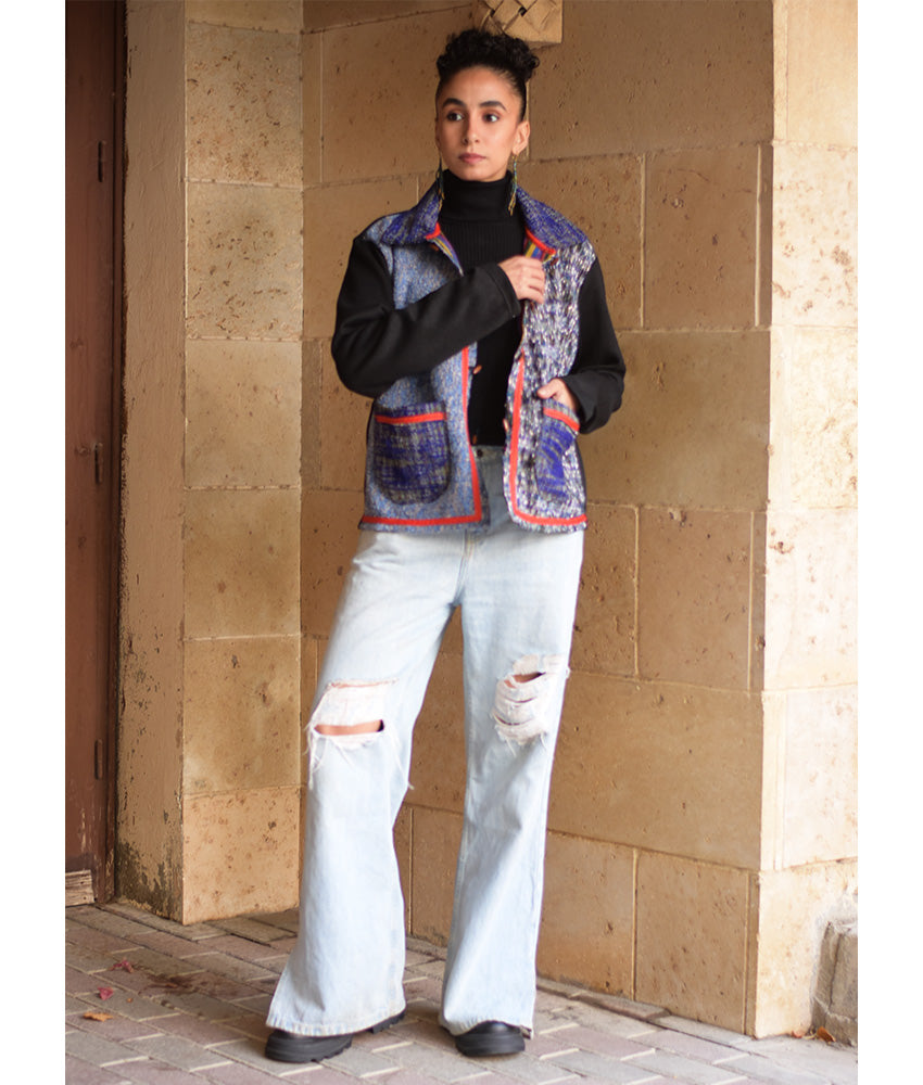 Black & Multicolored Cropped Akhmim Loomwoven Jacket handmade in Egypt & available at Jozee Boutique.handmade in Egypt & available at Jozee Boutique.