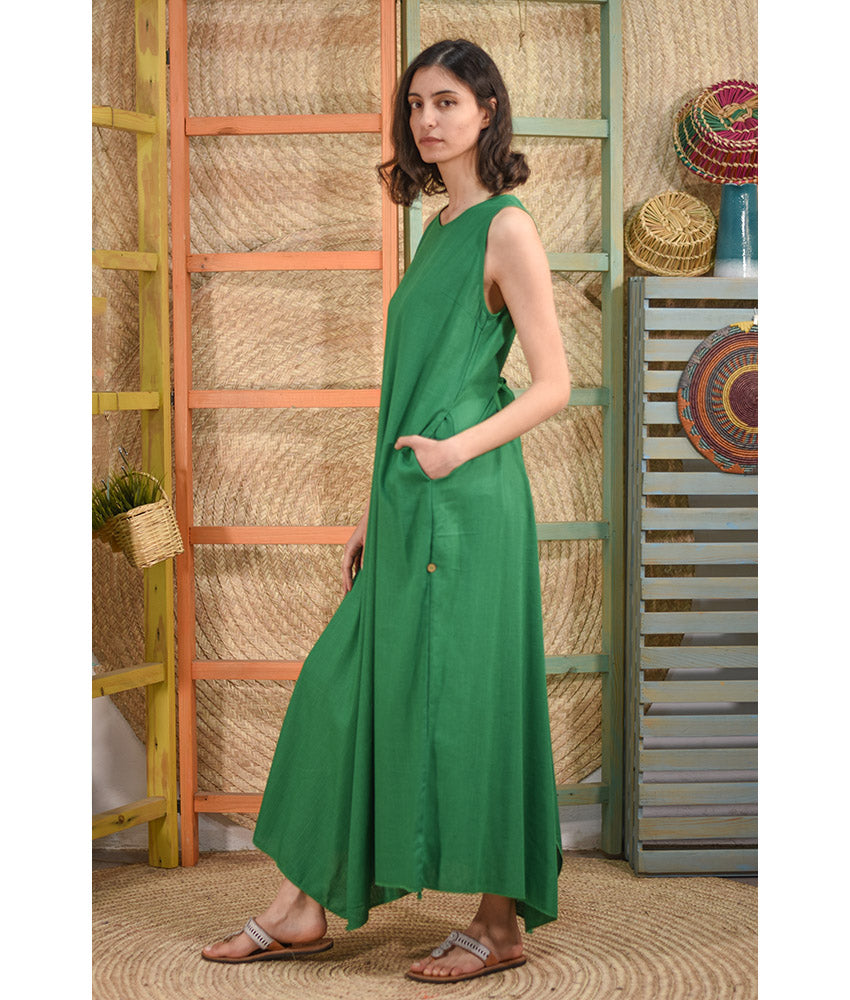 Green Linen Tent Dress With Side Buttons handmade in Egypt & available at Jozee boutique