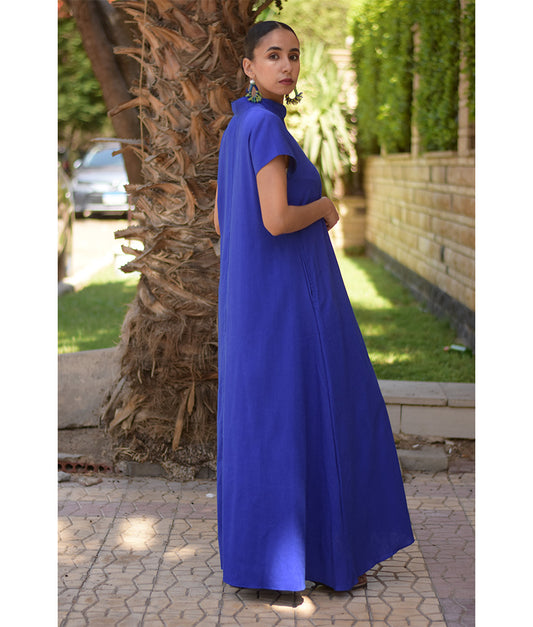 Electric Blue Linen Japanese Dress made in Egypt & available in Jozee boutique