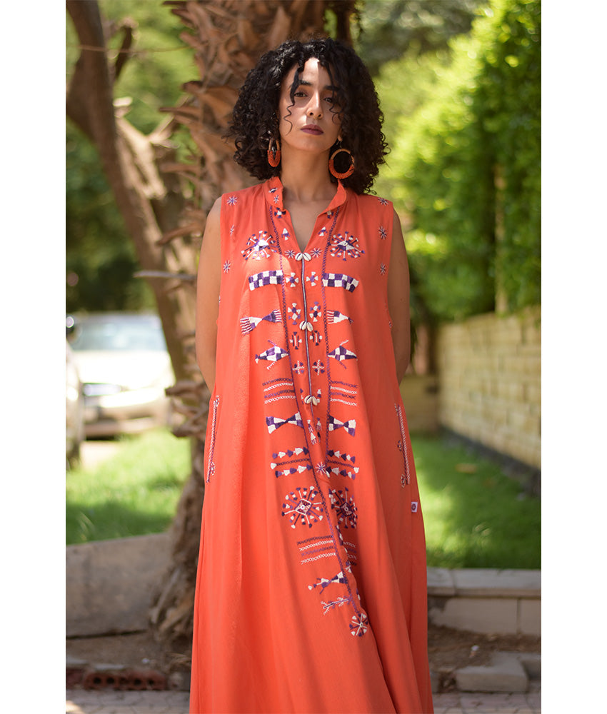 Orange Siwa Embroidered Linen Japanese Dress handmade in Egypt & available at Jozee Boutique.
