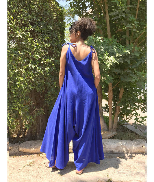 Electric Blue Flowy Jumpsuit/Dress handmade in Egypt & available at Jozee Boutique.