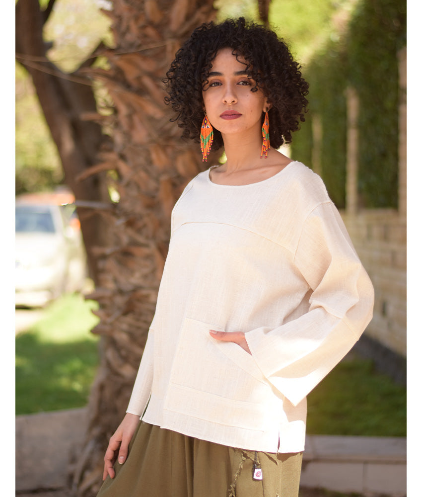 Off White Linen Boxy Top handmade in Egypt & available at Jozee Boutique.