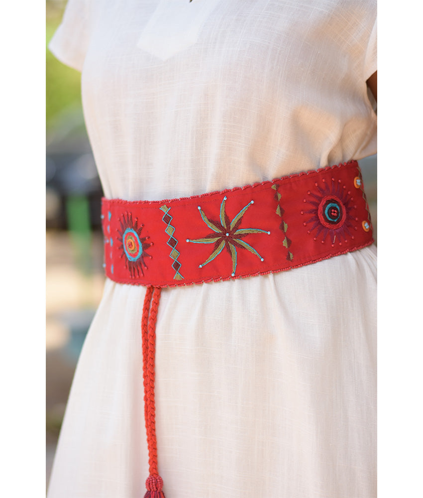 Red Saint Catherine embroidered wide belt handmade in Egypt & available at Jozee boutique