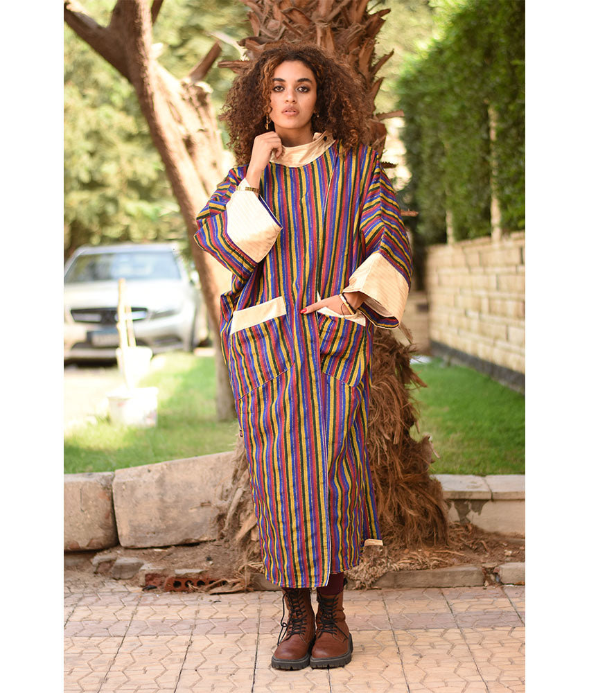 Champagne Gold & Multicolored Long Double-Faced Jacket handmade in Egypt & available at Jozee Boutique.