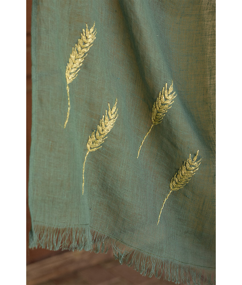Green Embroidered Linen Shawl - Palm