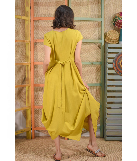 Mustard Linen Tent Dress With Side Buttons handmade in Egypt & available at Jozee boutique