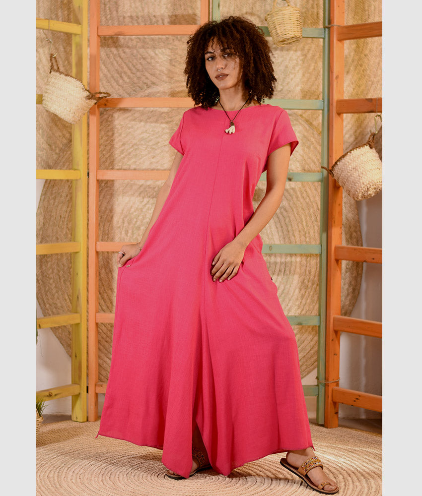 Fuchsia Linen Tent Dress With Side Buttons handmade in Egypt & available at Jozee boutique