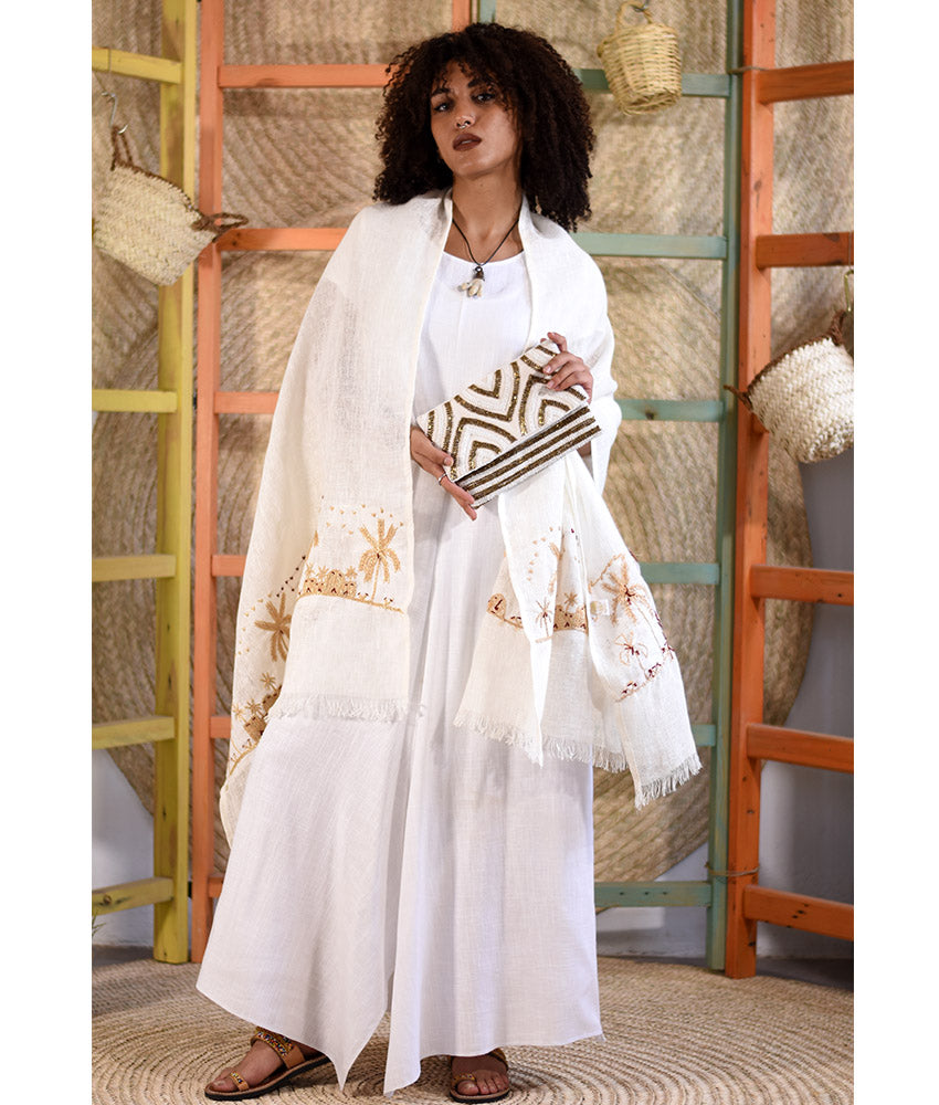 White & Gold Beaded Clutch handmade in Egypt & available at Jozee Boutique.