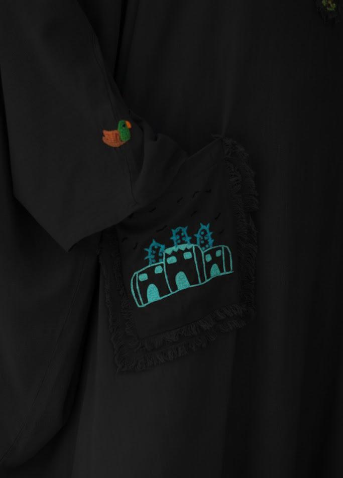 Black Hand Embroidered Linen Kaftan with Hoodie handmade in Egypt & available at Jozee Boutique.