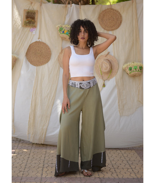 Light Olive Green Siwa Embroidered Flowy Pants handmade in Egypt & available at Jozee Boutique.