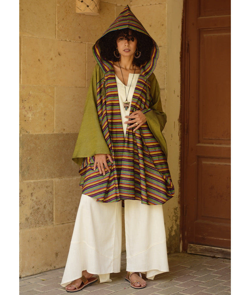 Olive Green & Multicolored Silk & Cotton Hooded Cape