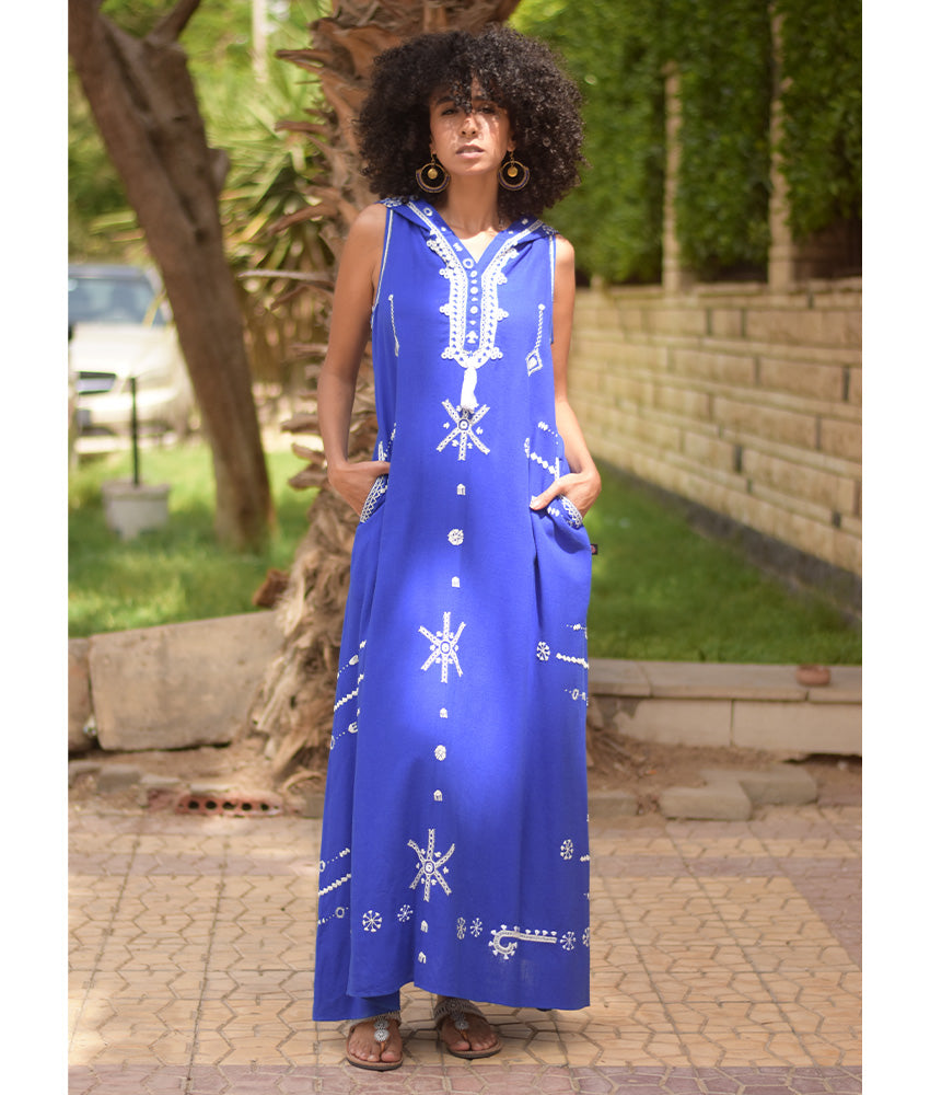 Electric Blue Siwa Heavily Embroidered Linen Dress with Hoodie handmade in Egypt & available at Jozee Boutique.