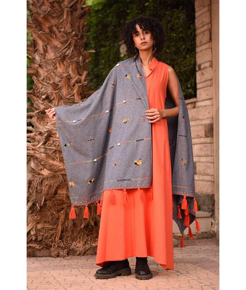 Grey Thin Wool Siwa Embroidered Shawl Handmade in Egypt & available at Jozee Boutique