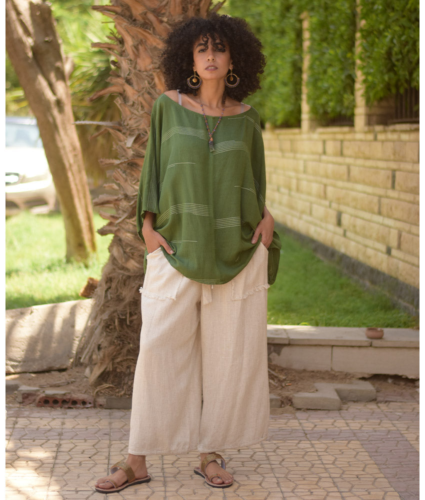 Olive green Viscose Oversized Top with Flowing Silhouette handmade in Egypt & available at Jozee Boutique.