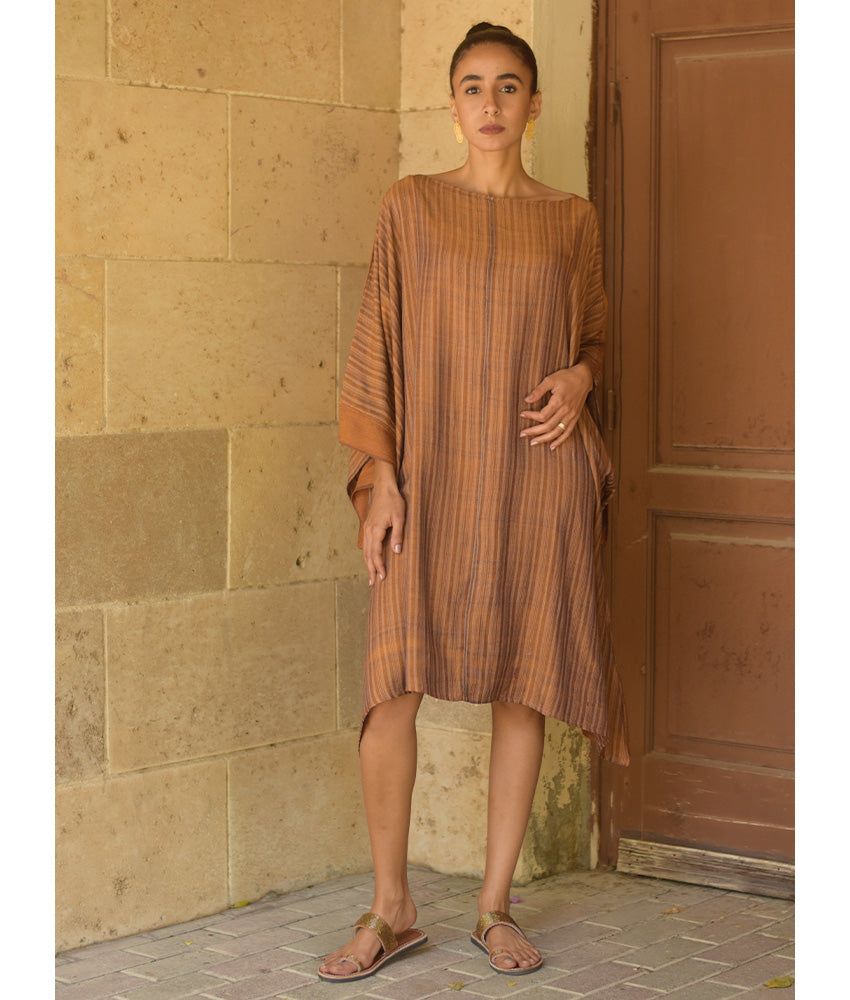 Caramel Brown Viscose Midi Dress with Inspired Pattern handmade in Egypt & available at Jozee Boutique.