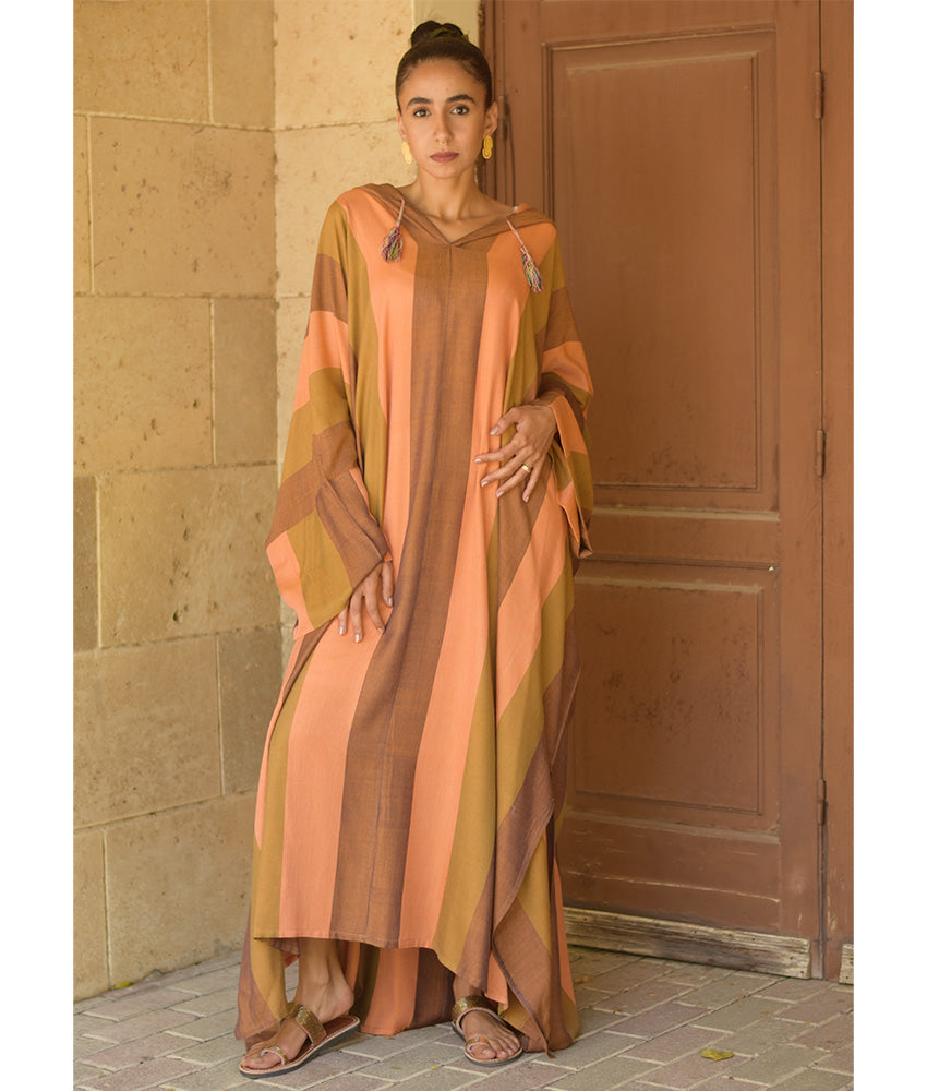 Peach & Brown Stripped Viscose Kaftan with Hoodie handmade in Egypt & available at Jozee Boutique.