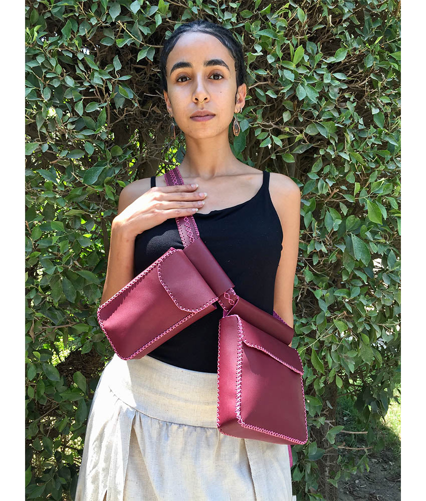 Burgundy Genuine Leather Waist Bag handmade in Egypt & available at Jozee Boutique.
