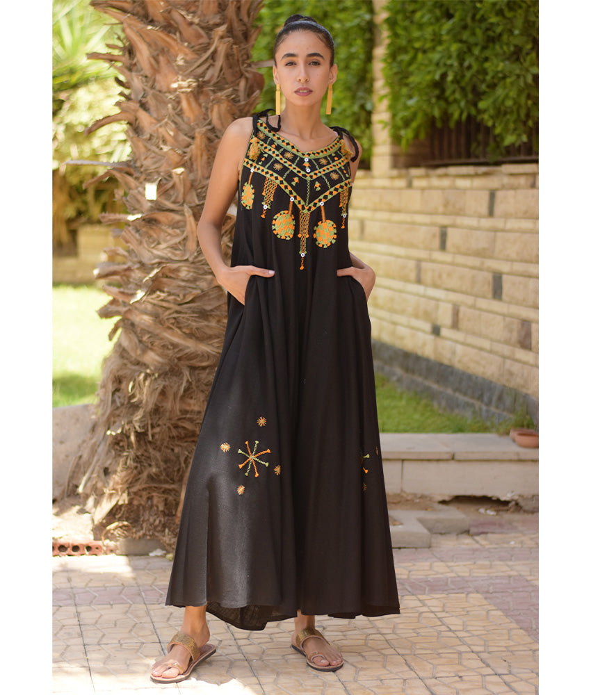 Black Siwa Embroidered Linen Flowy Jumpsuit/Dress handmade in Egypt & available at Jozee Boutique.