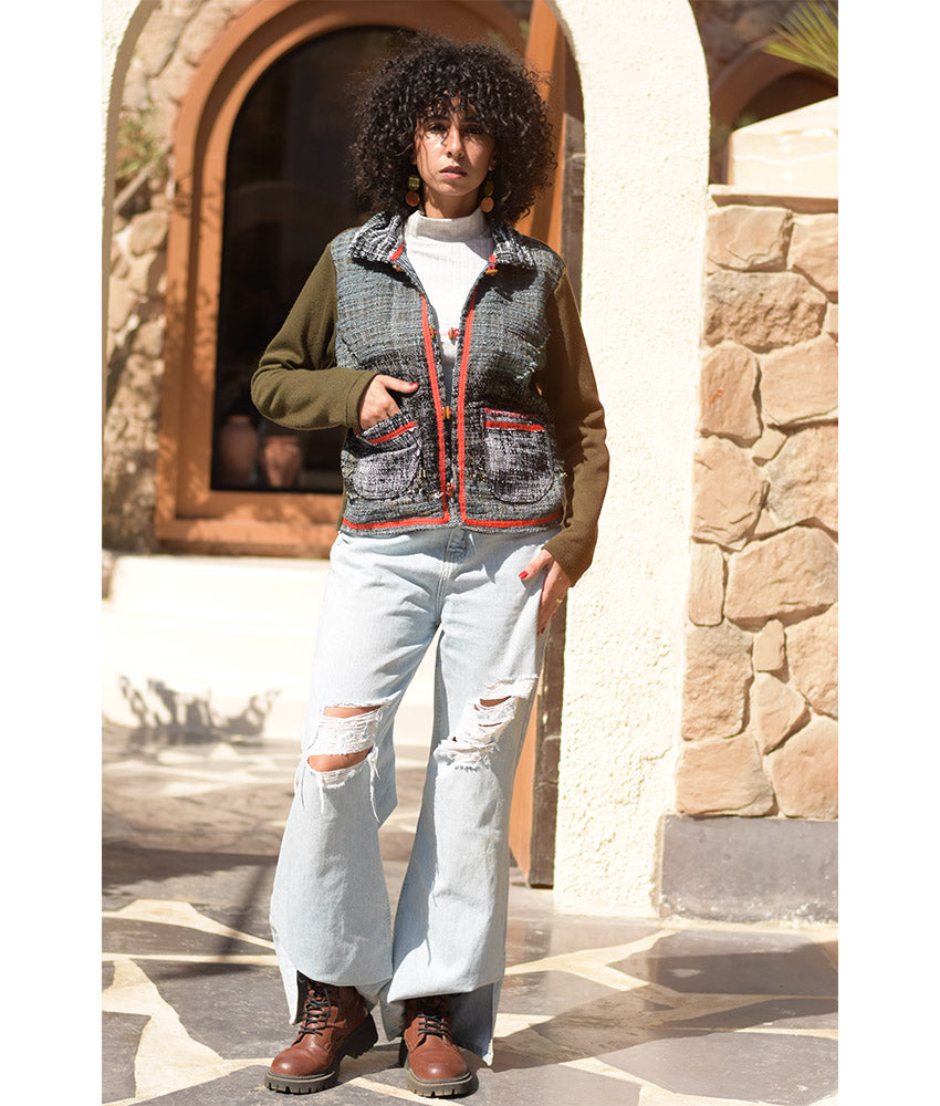 Multicolored & Dark Green Cropped Akhmim Loomwoven Jacket handmade in Egypt & available at Jozee Boutique.handmade in Egypt & available at Jozee Boutique.