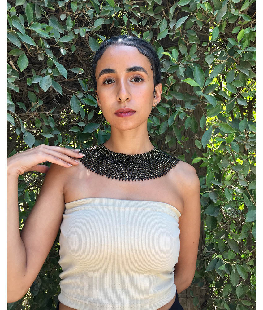 Gold & black French Loom Beaded Necklace handmade in Egypt & available at Jozee Boutique.