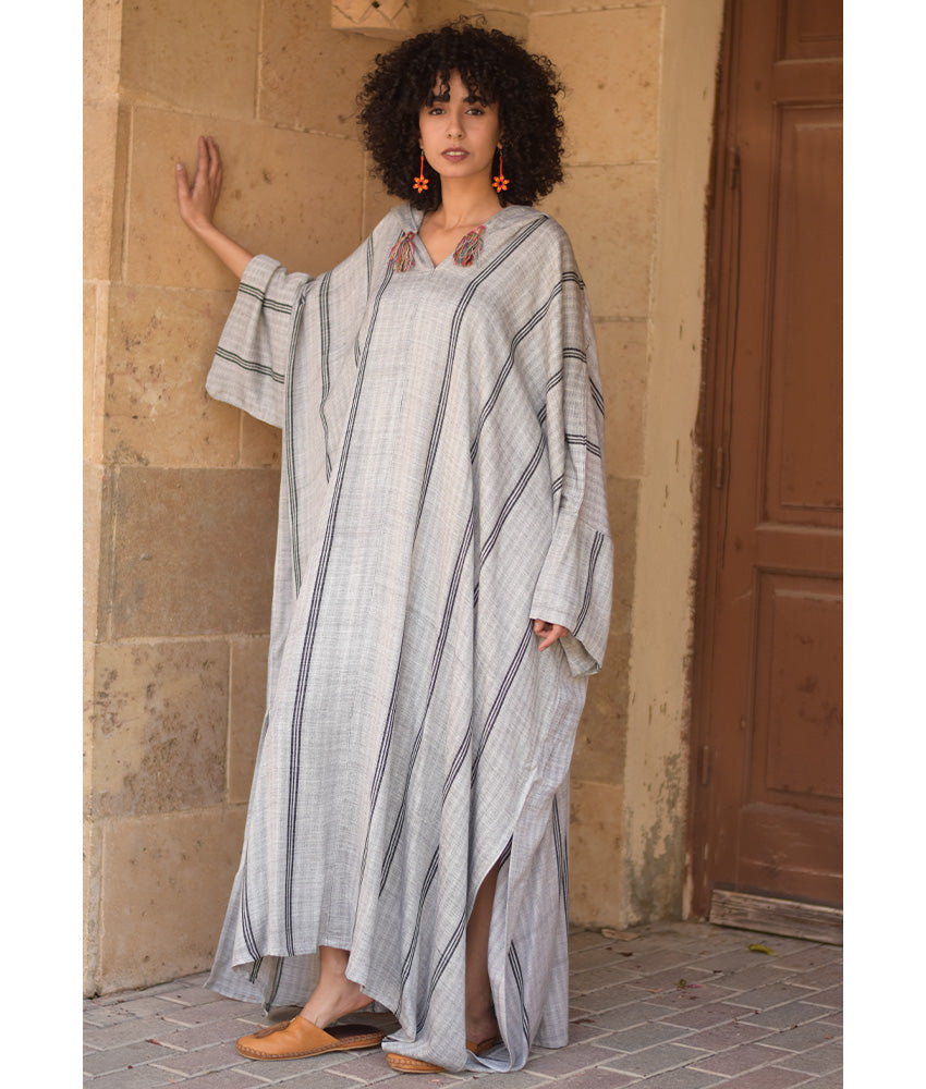 Grey Stripped Viscose Kaftan with Hoodie handmade in Egypt & available at Jozee Boutique.