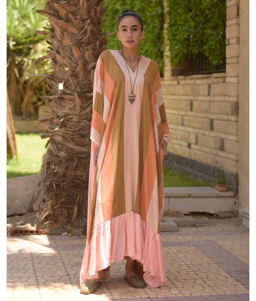 Peach & Multicolored Handwoven Ruffle Kaftan handmade in Egypt & available at Jozee boutique
