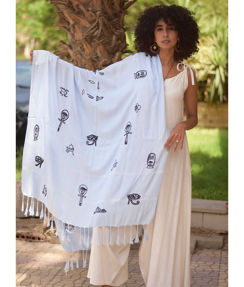 White Viscose Shawl with Egyptian-Inspired Embroideries handmade in Egypt & available at Jozee boutique