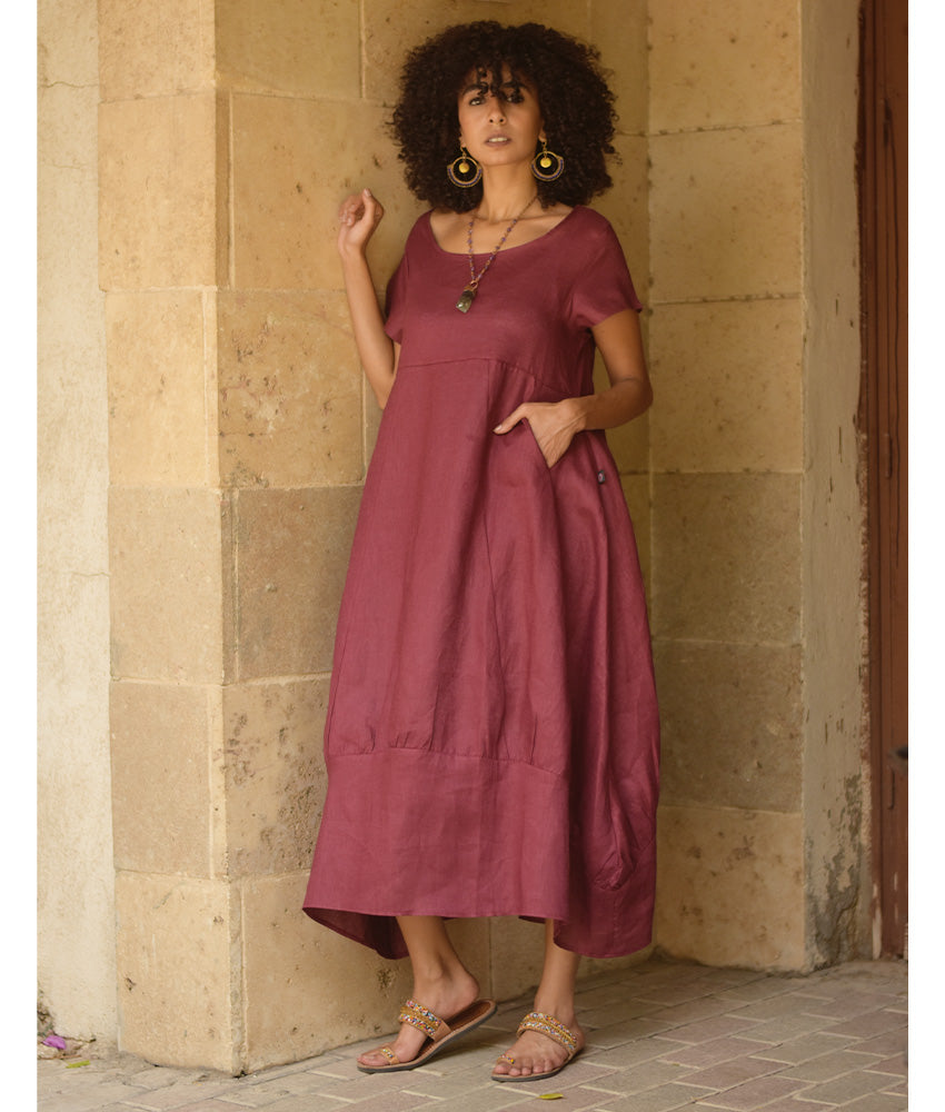 Burgundy Raw Linen Balloon Dress handmade in Egypt & available at Jozee boutique