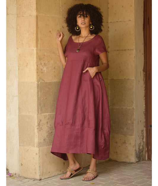 Burgundy Raw Linen Balloon Dress handmade in Egypt & available at Jozee boutique
