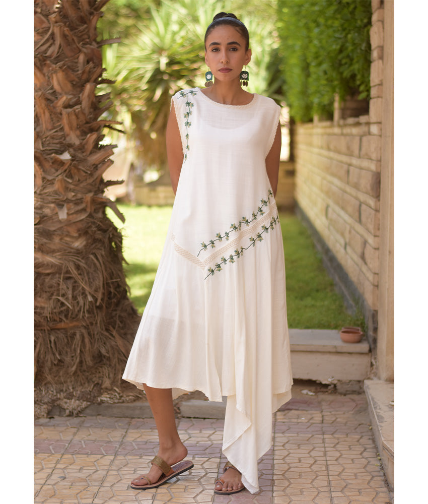 White Linen Dress with Hand Embroideries handmade in Egypt & available in Jozee boutique