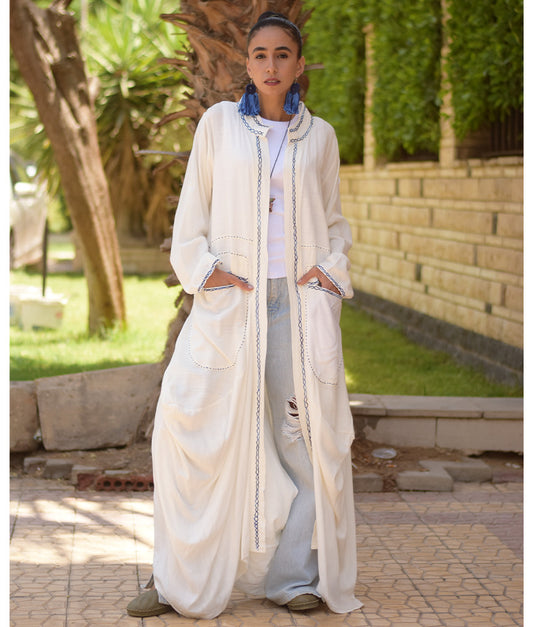 Off White Embroidered Draped Linen Cotton Cardigan handmade in Egypt & available in Jozee boutique