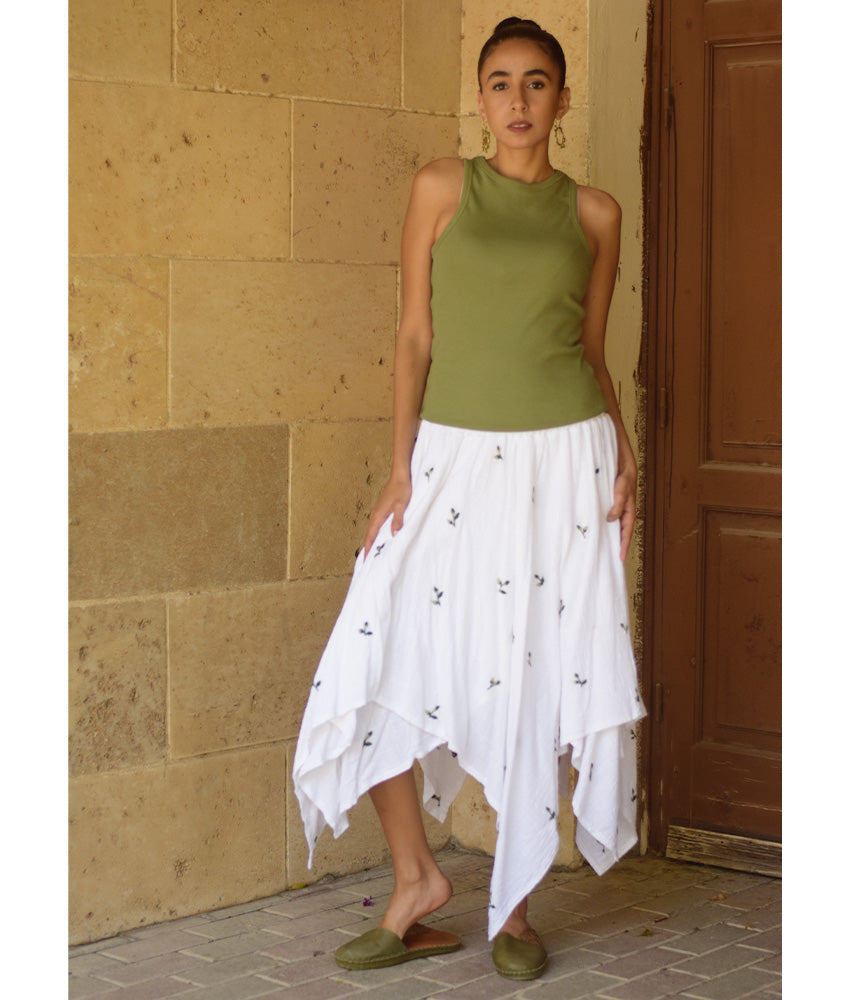 White Embroidered Handkerchief Skirt handmade in Egypt & available in Jozee boutique