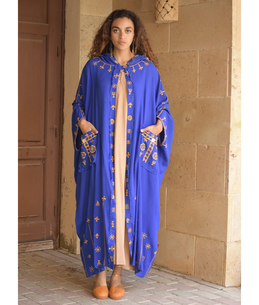 Electric Blue Siwa Embroidered Linen Cardigan/Abaya with Hoodie handmade in Egypt & available at Jozee Boutique.