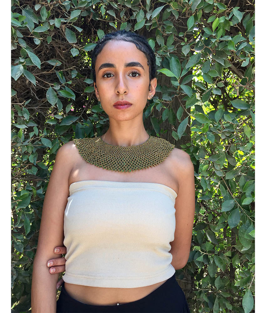 Green & Gold Double Layer French Loom Beaded Necklace handmade in Egypt & available at Jozee Boutique.