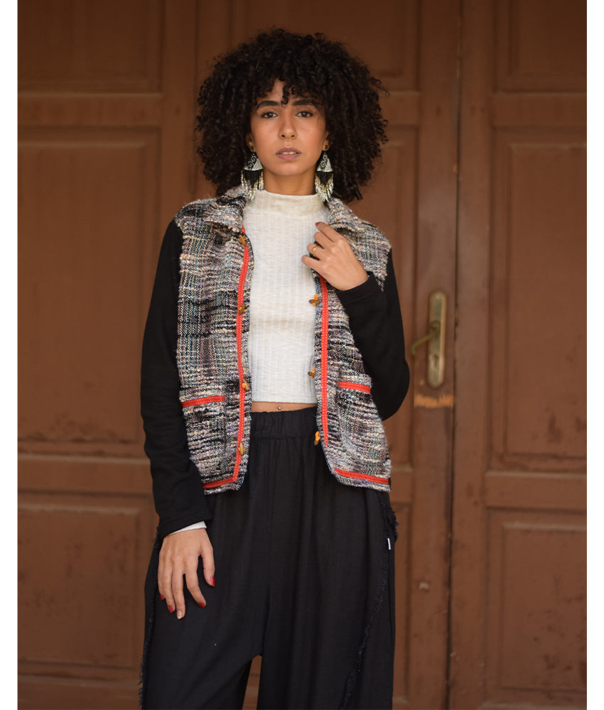 Black & White Cropped Akhmim Loomwoven Jacket handmade in Egypt & available at Jozee Boutique.handmade in Egypt & available at Jozee Boutique.