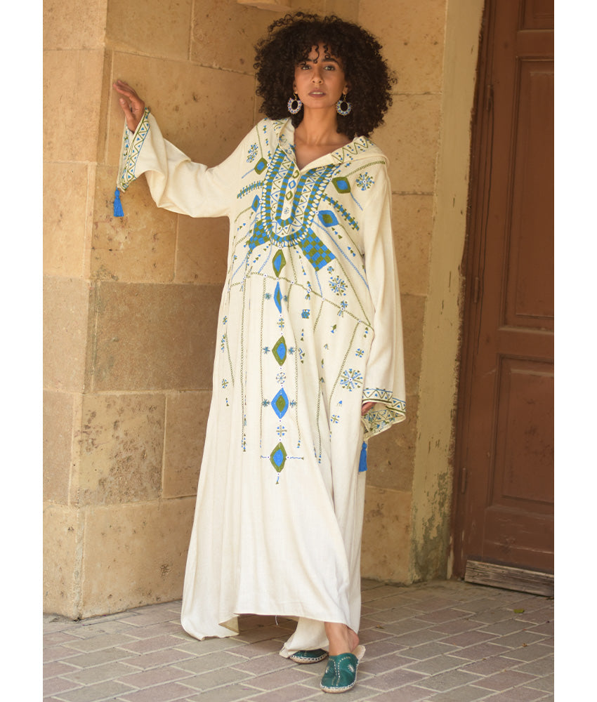 Off white Siwa Embroidered Linen Dress with Hoodie handmade in Egypt & available at Jozee Boutique.