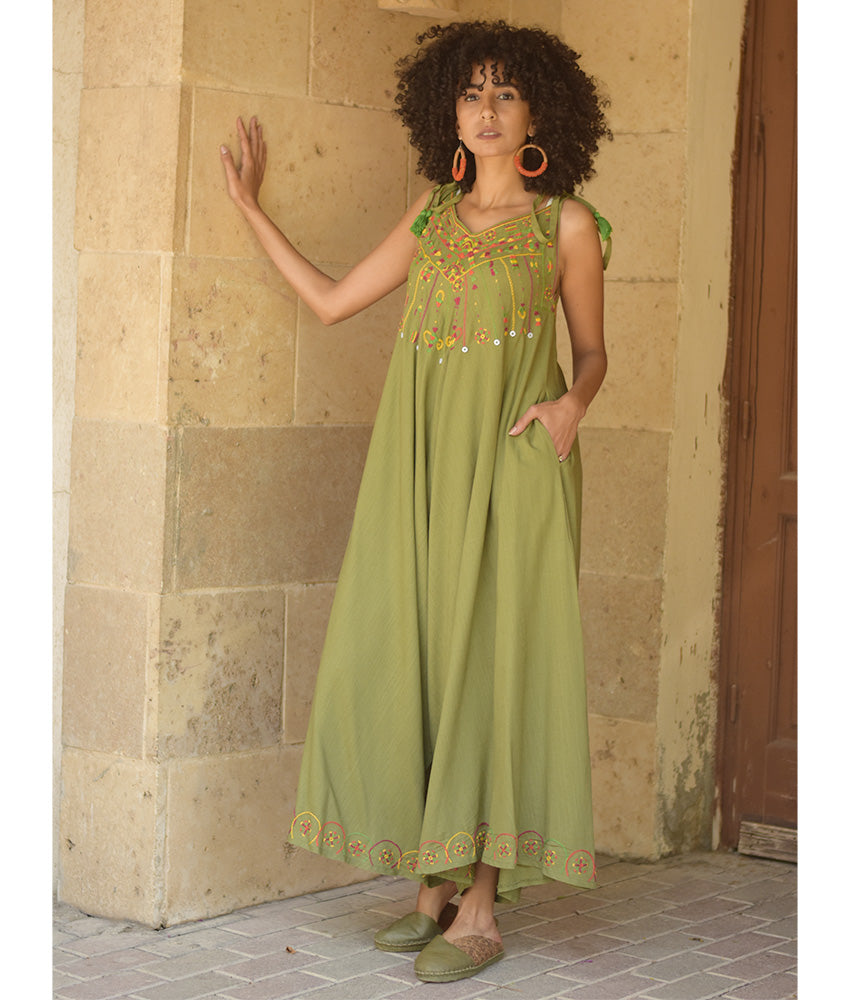 Army green Siwa Embroidered Linen Flowy Jumpsuit/Dress handmade in Egypt & available at Jozee Boutique.