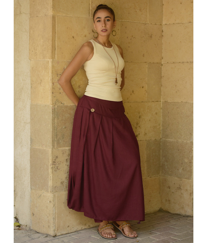 Burgundy Draped Maxi Skirt handmade in Egypt & available in Jozee boutique