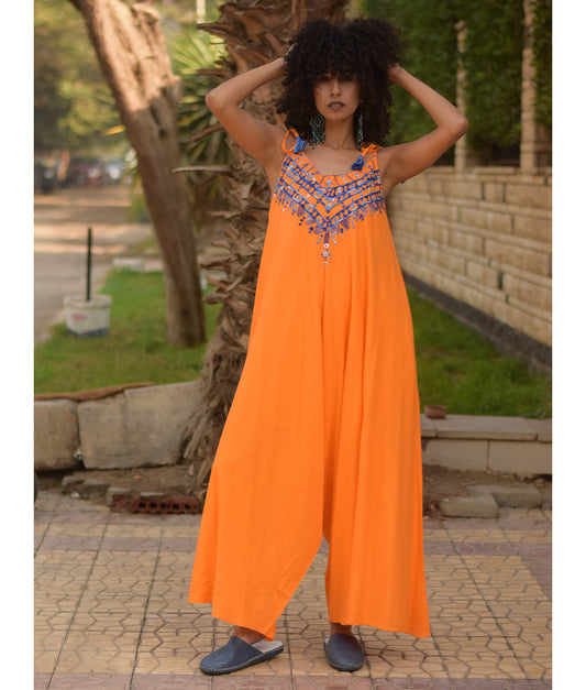 Orange Siwa Embroidered Linen Flowy Jumpsuit/Dress handmade in Egypt & available at Jozee Boutique.