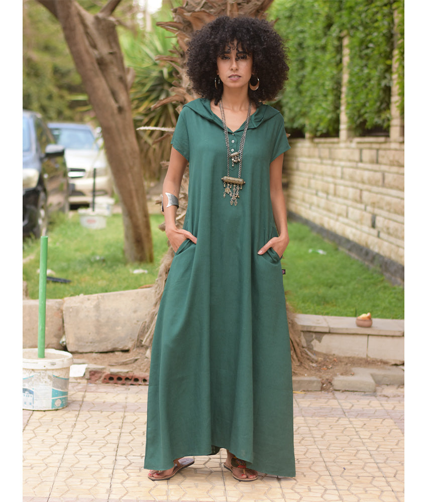 Emerald Green Linen Dress with Hoodie handmade in Egypt & available at Jozee Boutique.
