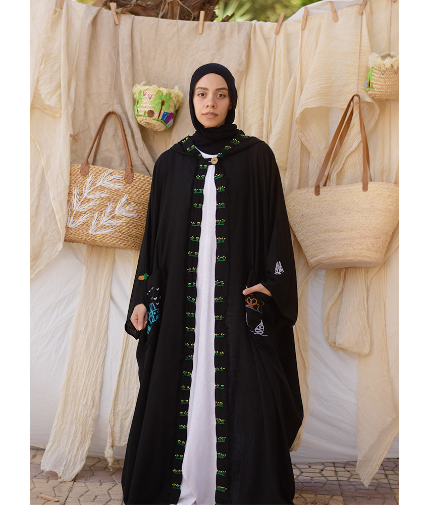 Black Hand Embroidered Linen Cardigan/Abaya with Hoodie handmade in Egypt & available at Jozee Boutique.