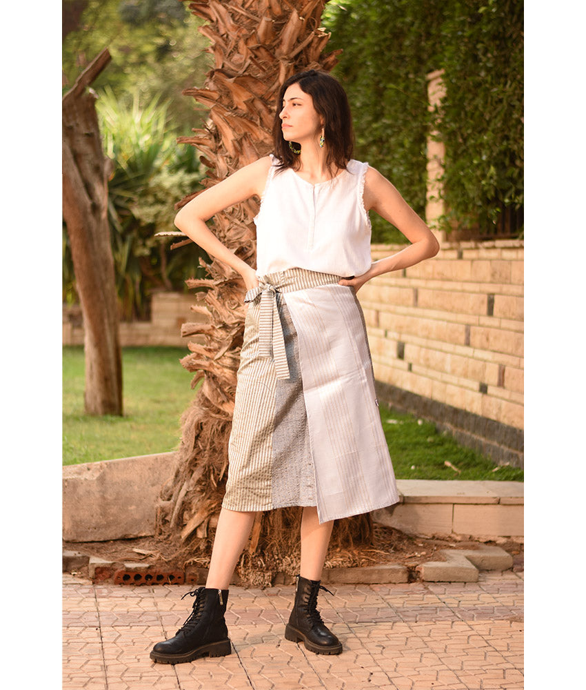Shades of Grey Silk and Cotton Loom Woven Midi Wrap Skirt handmade in Egypt & available at Jozee Boutique.