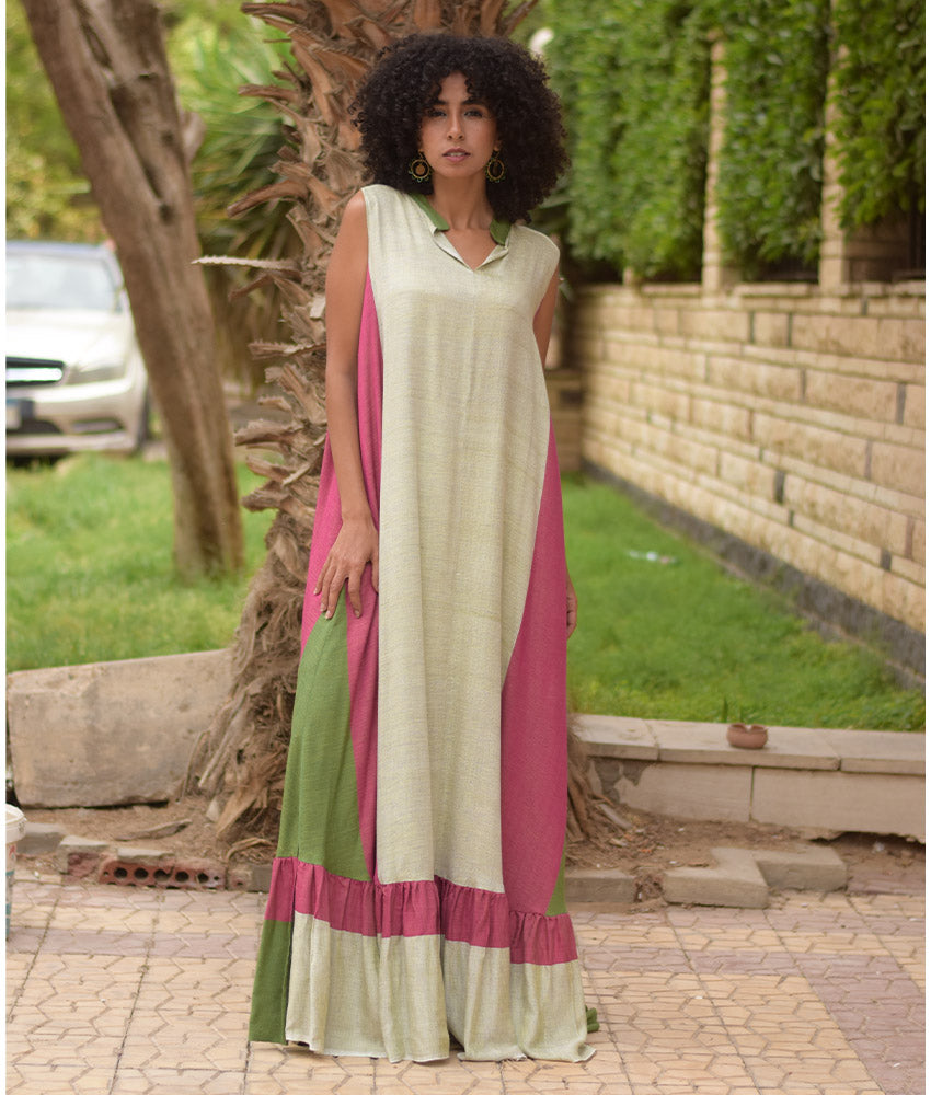 Multicolored Handwoven Ruffle Dress handmade in Egypt & available at Jozee Boutique.