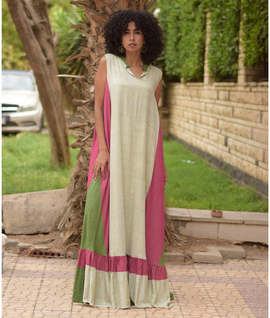 Multicolored Handwoven Ruffle Dress handmade in Egypt & available at Jozee Boutique.